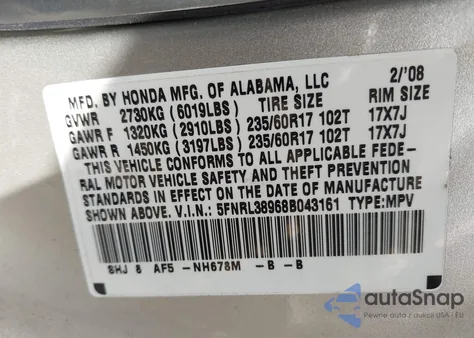 2008 Honda Odyssey Touring from USA, damaged, VIN 5FNRL38968B043161